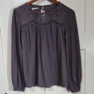 Maurices Plum Lace Yoke Long-Sleeve Blouse, Size Medium